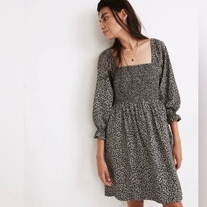 Madewell Lucie Elbow-Sleeve Smocked Mini Dress Parisian Ditsy Black Milkmaid-XL
